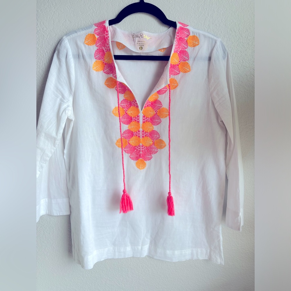 Lilly Pulitzer White Tunic with Pink & Orange Embroidery